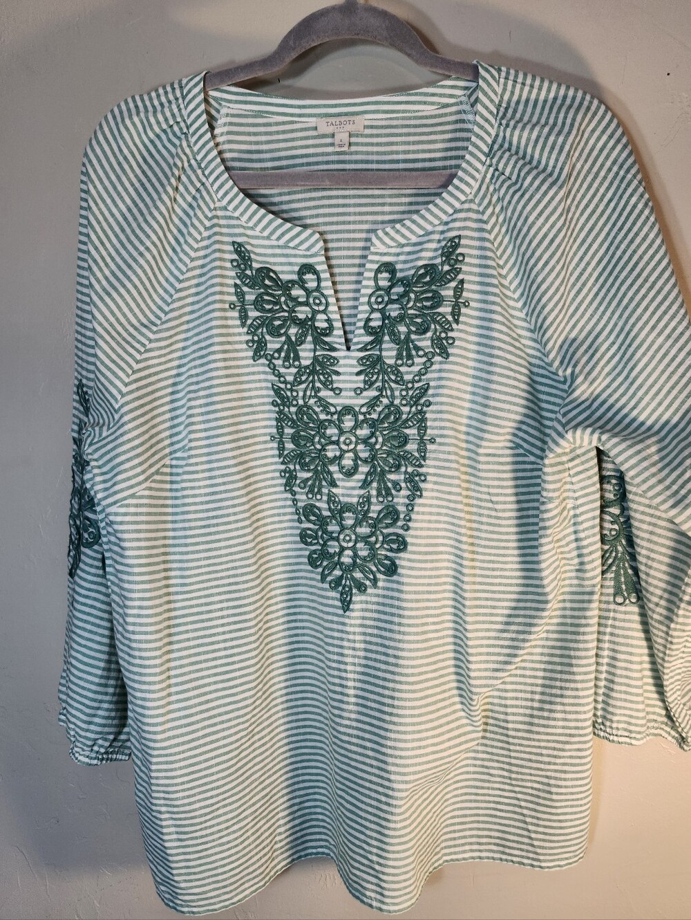 Talbots Teal and White Striped Embroidered Tunic Top